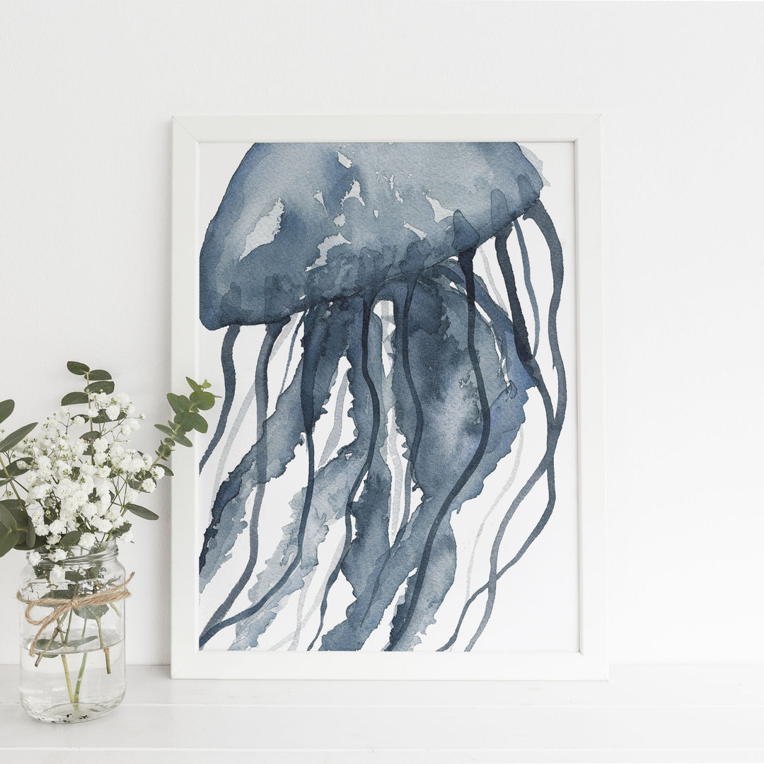 Blue Watercolor Jellyfish No. 2  - Art Print or Canvas - Jetty Home