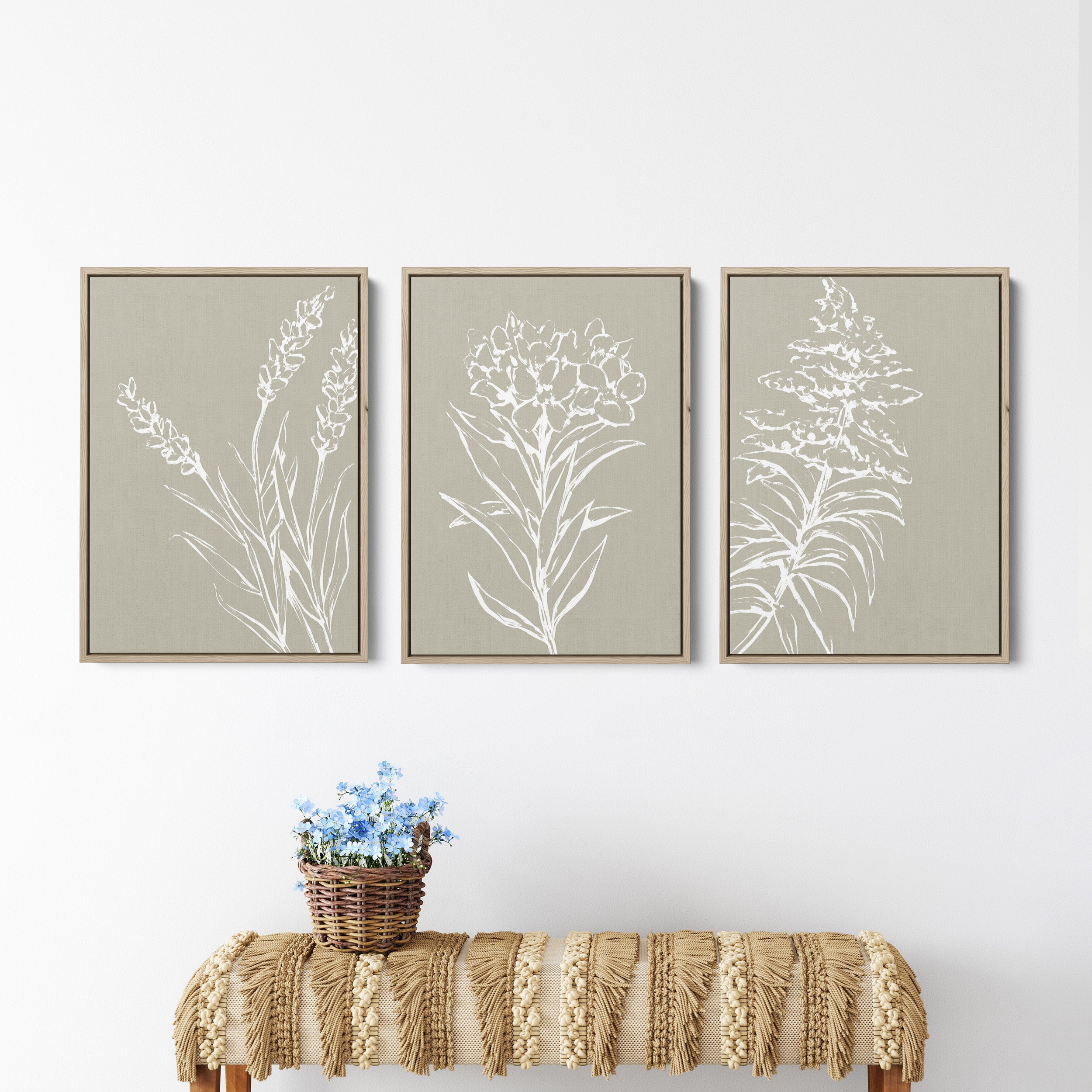 Neutral Farmhouse Flowers - Set of 3 | Tan and White Floral Triptych ...