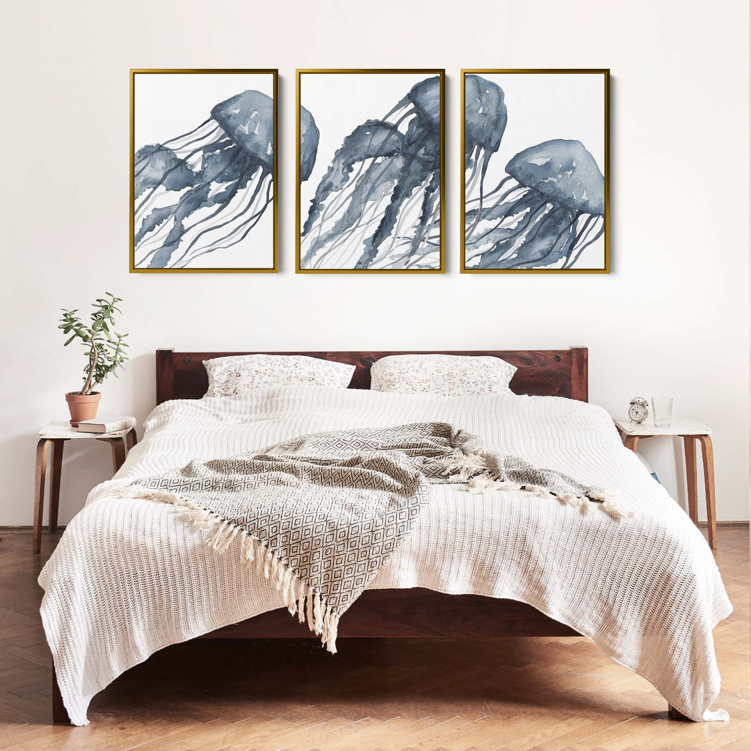 Blue Jellyfish Painting Triptych - Set of 3 - Jetty Home