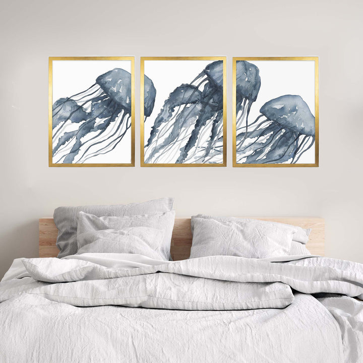 Blue Jellyfish Painting Triptych - Set of 3 - Jetty Home