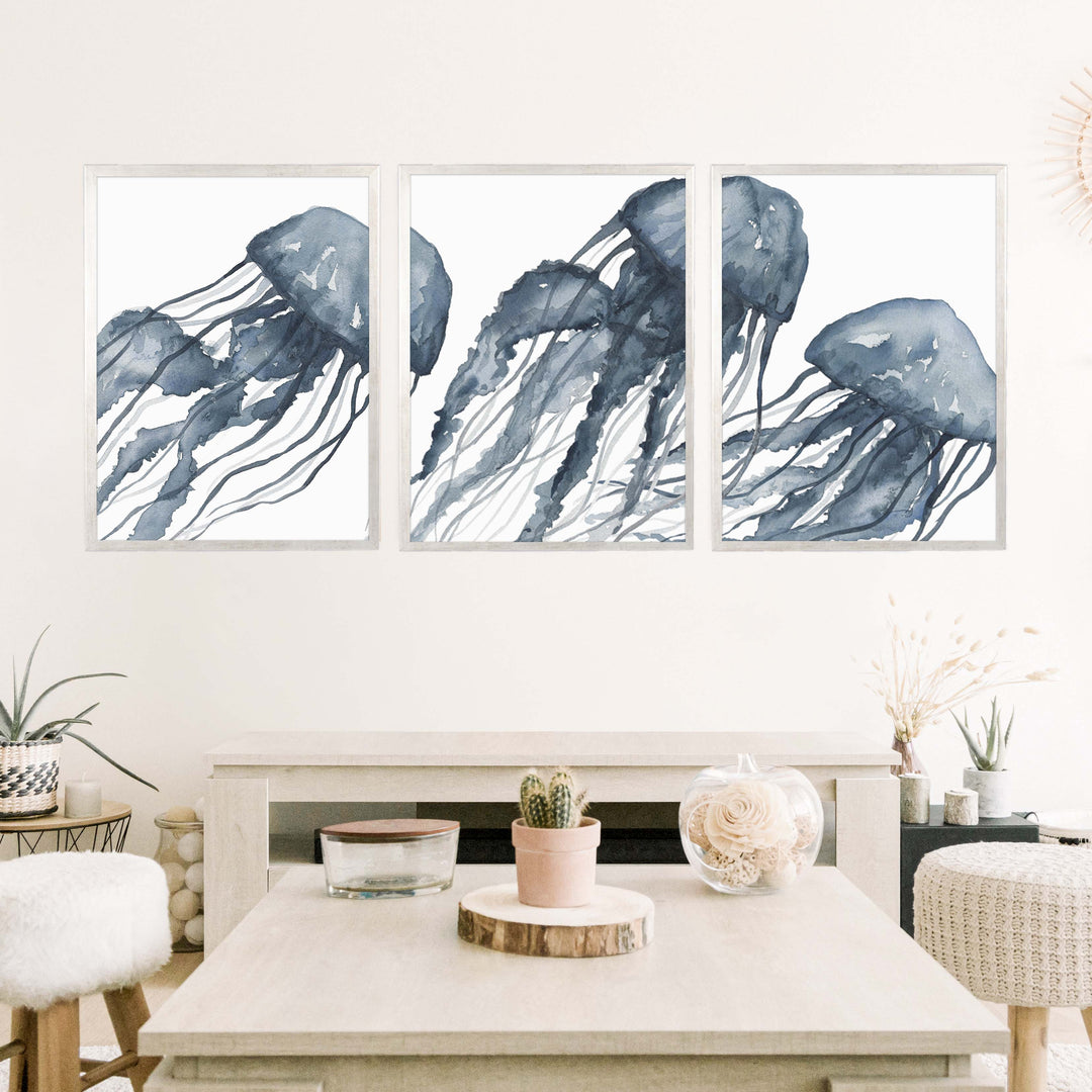 Blue Jellyfish Painting Triptych - Set of 3 - Jetty Home
