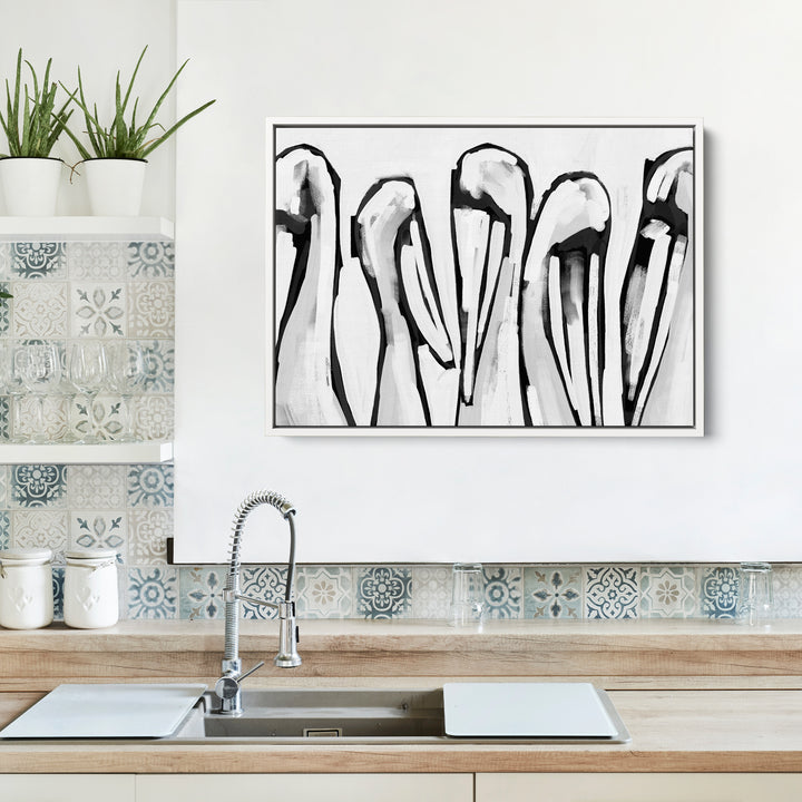 Black & White Pelican Gathering - Jetty Home