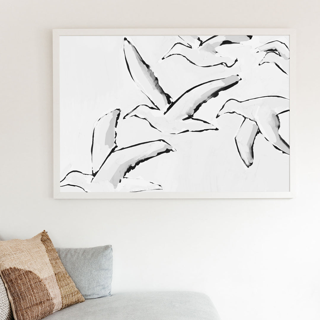Black & White Gulls in Flight - Art Print or Canvas - Jetty Home
