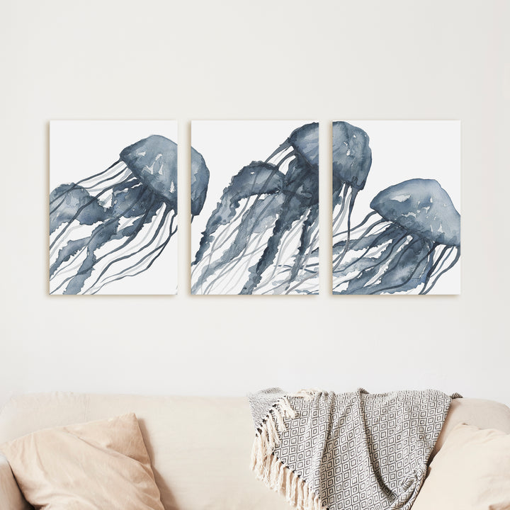 Blue Jellyfish Painting Triptych - Set of 3  - Art Prints or Canvases - Jetty Home