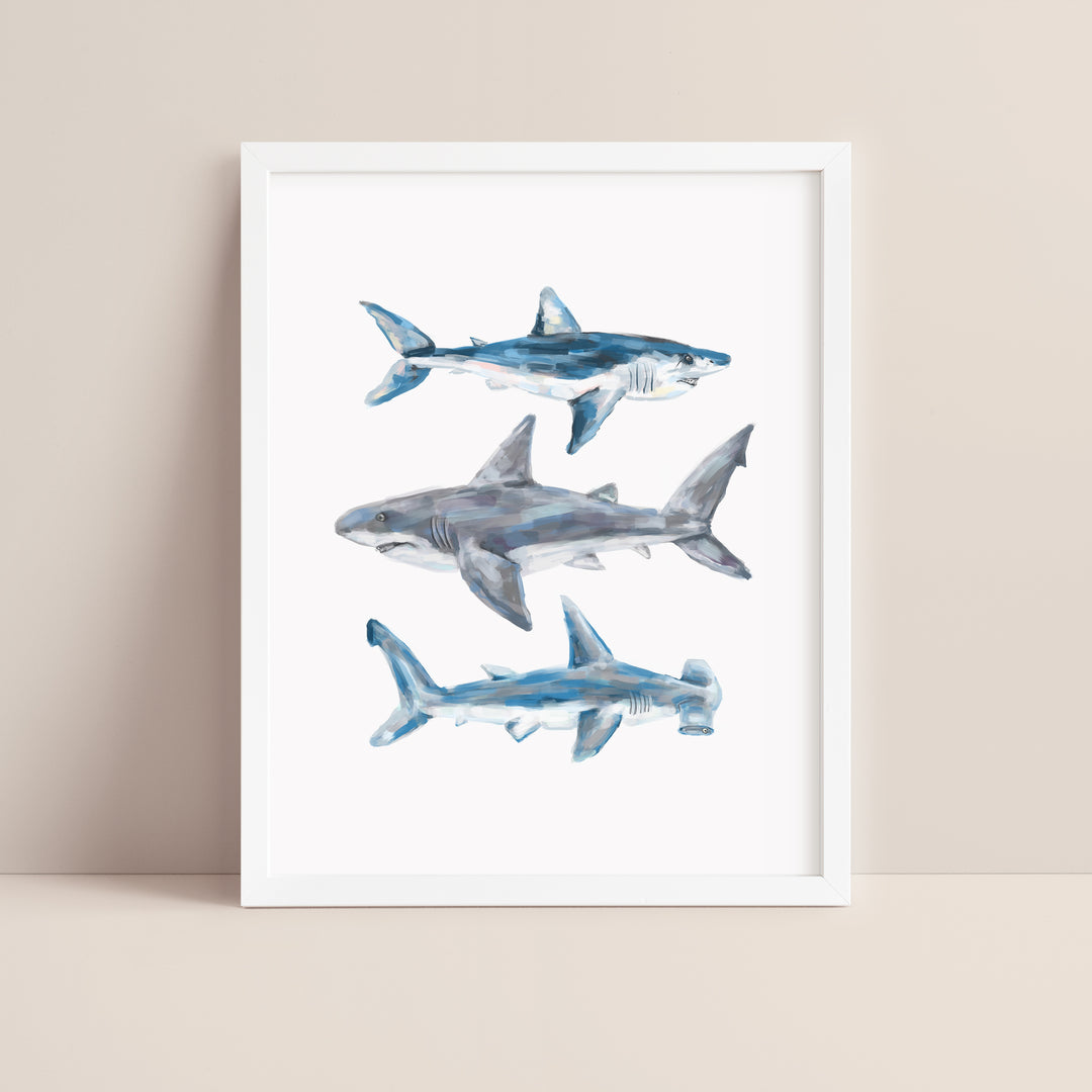 Great White, Mako + Hammerhead Shark  - Art Print or Canvas - Jetty Home