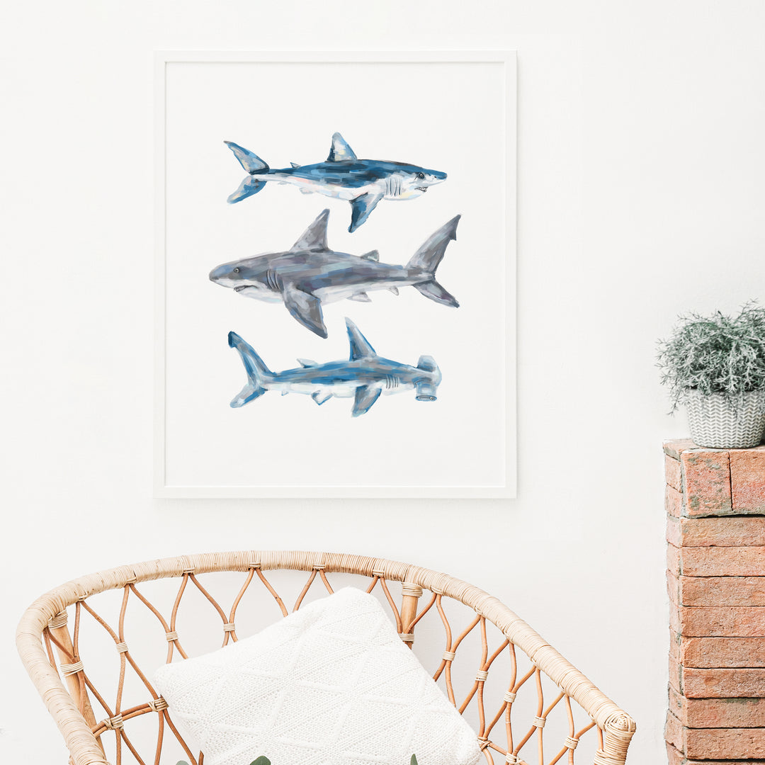 Great White, Mako + Hammerhead Shark  - Art Print or Canvas - Jetty Home