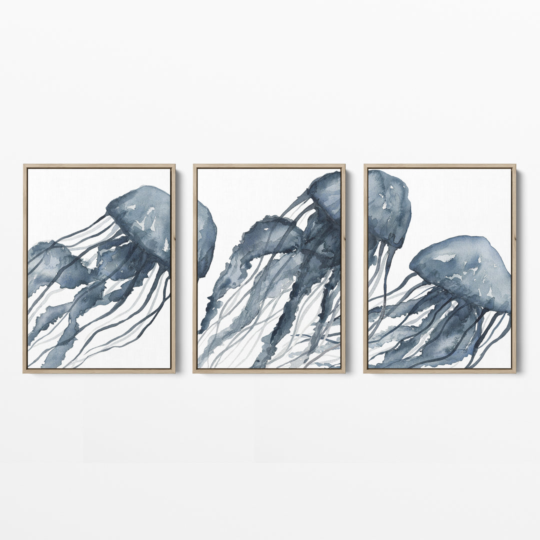 Blue Jellyfish Painting Triptych - Set of 3  - Art Prints or Canvases - Jetty Home