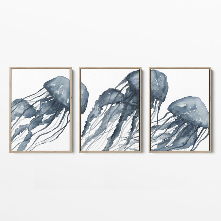 Blue Jellyfish Painting Triptych - Set of 3  - Art Prints or Canvases - Jetty Home