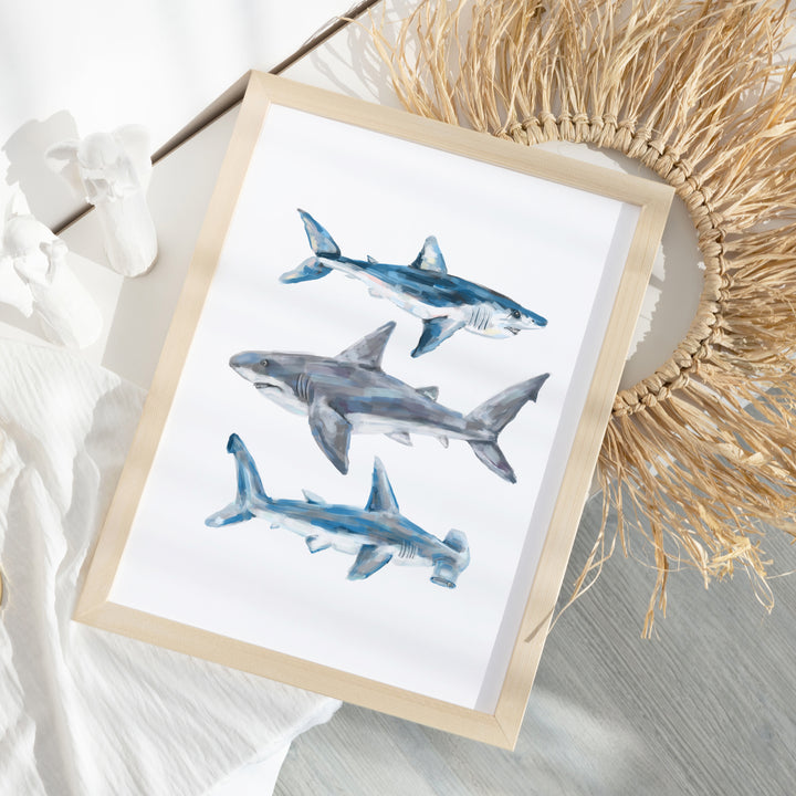 Great White, Mako + Hammerhead Shark  - Art Print or Canvas - Jetty Home