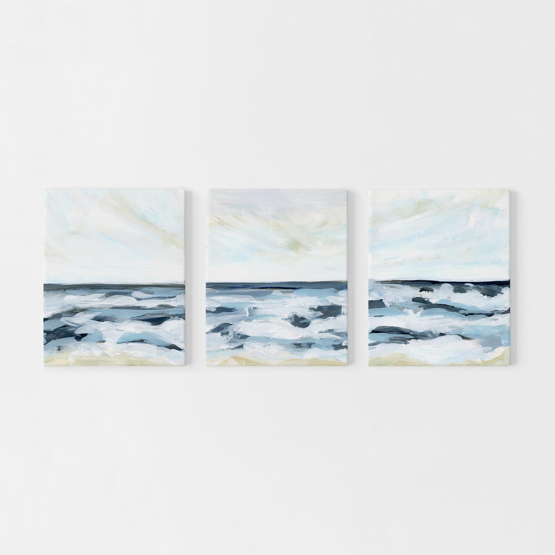 Blue Modern Seascape Painting Triptych Set of Three Wall Art Prints or Canvas - Jetty Home