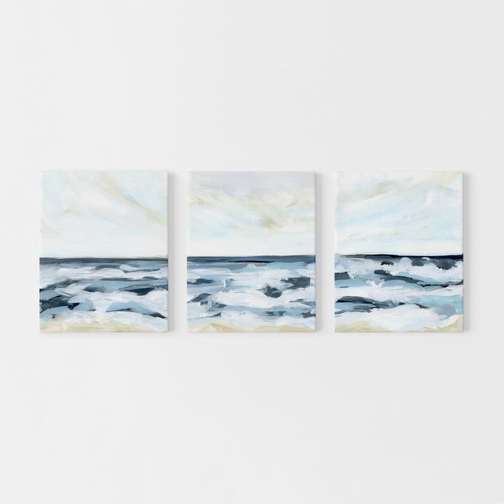 Blue Modern Seascape Painting Triptych Set of Three Wall Art Prints or Canvas - Jetty Home