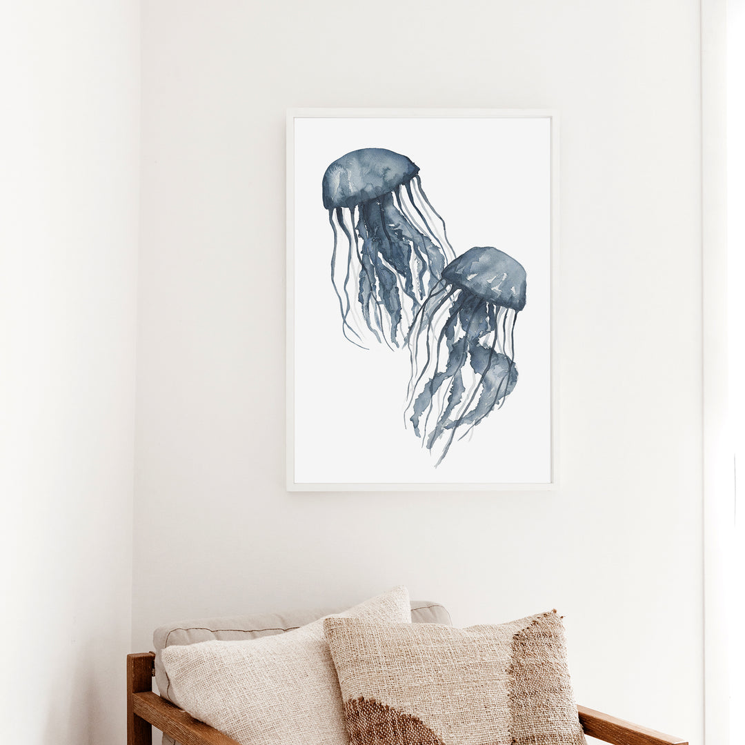 Navy Blue Jellyfish Duo  - Art Print or Canvas - Jetty Home
