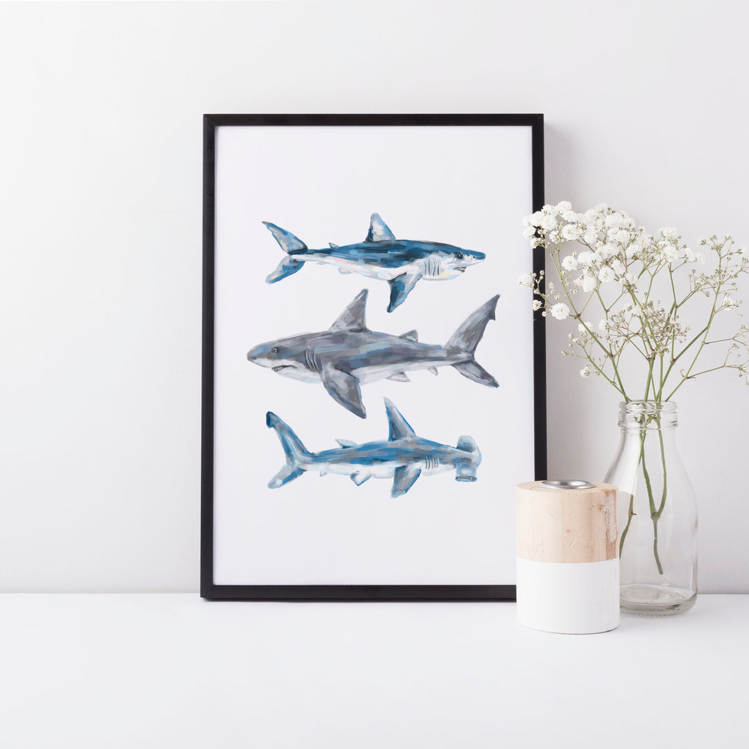 Great White, Mako + Hammerhead Shark Wall Art Print or Canvas - Jetty Home