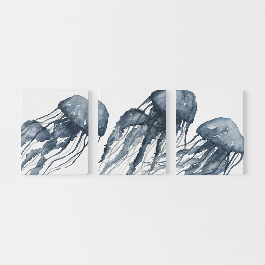 Blue Jellyfish Painting Triptych Wall Art Print or Canvas - Jetty Home