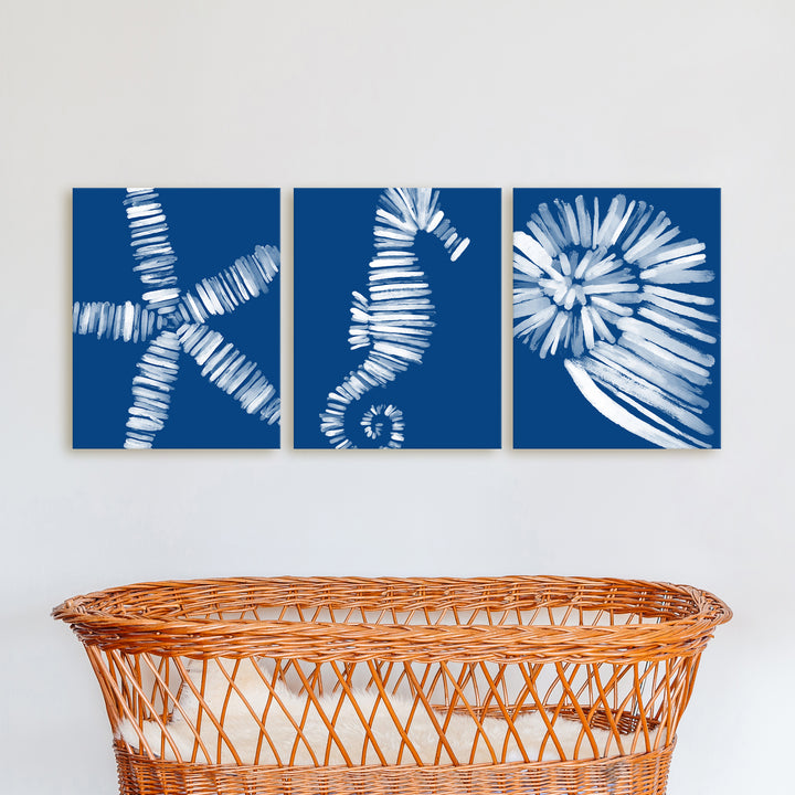 Deep Azure Blue Sea Life Triptych - Set of 3  - Art Prints or Canvases - Jetty Home