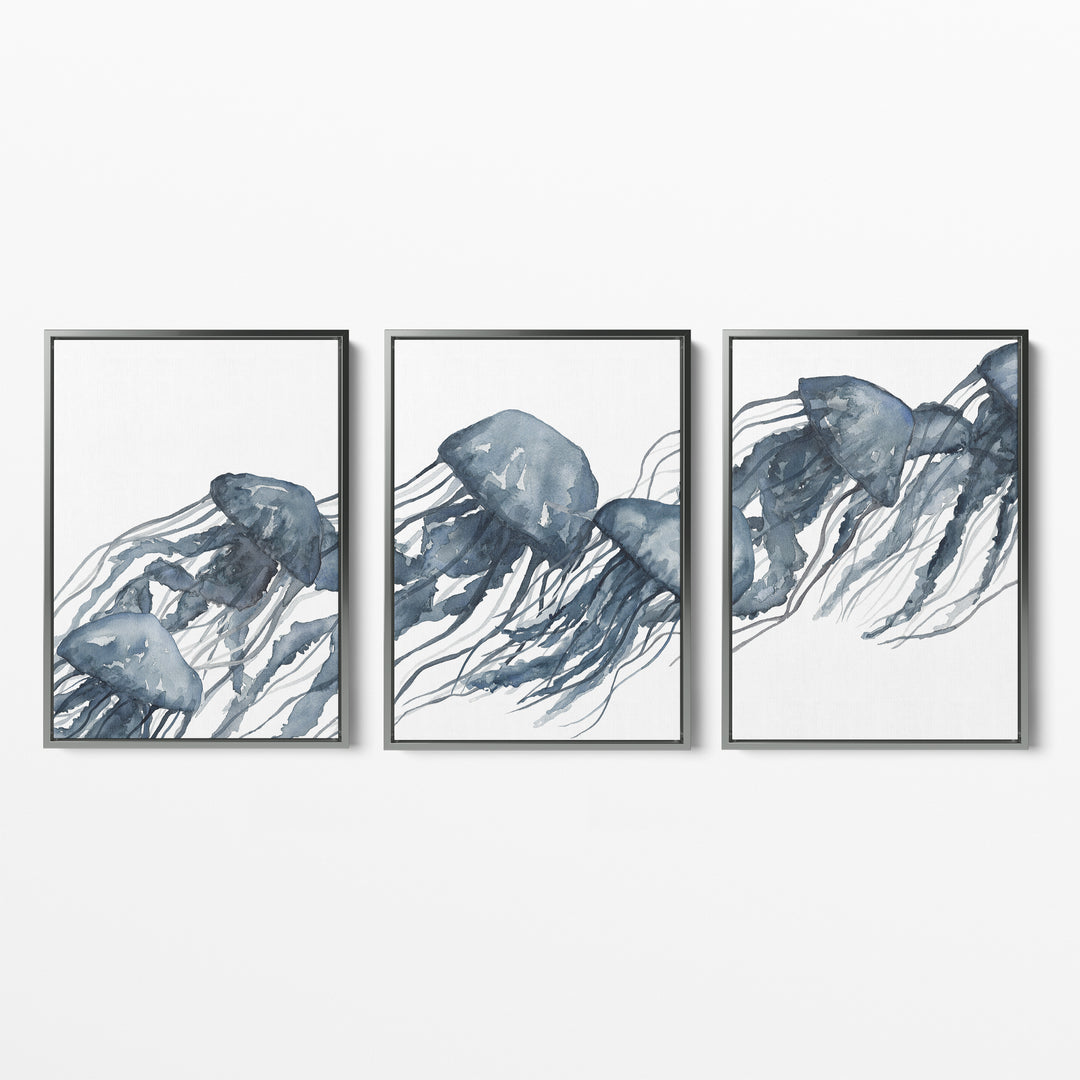Watercolor Blue Jellyfish Triptych - Set of 3 - Jetty Home