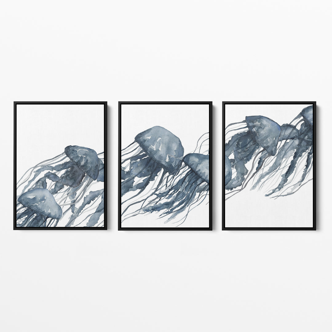 Watercolor Blue Jellyfish Triptych - Set of 3 - Jetty Home