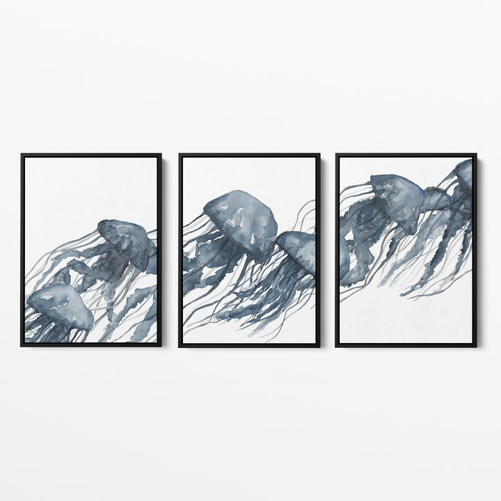 Watercolor Blue Jellyfish Triptych - Set of 3 - Jetty Home