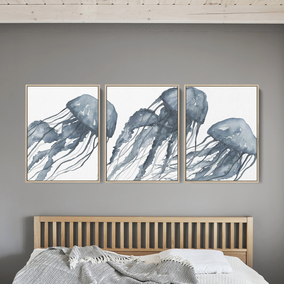 Blue Jellyfish Painting Triptych - Set of 3 - Jetty Home
