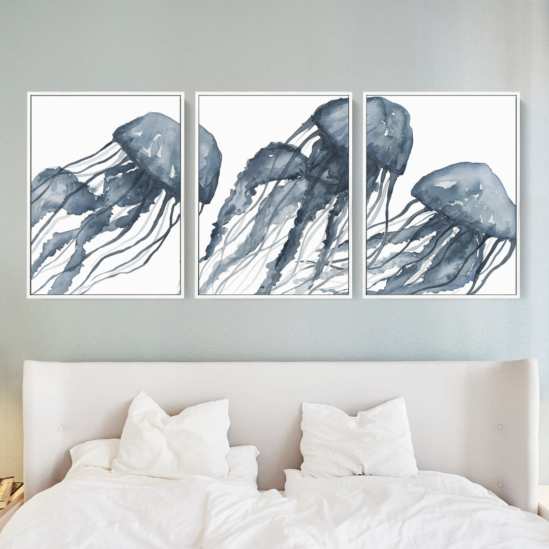 Blue Jellyfish Painting Triptych - Set of 3