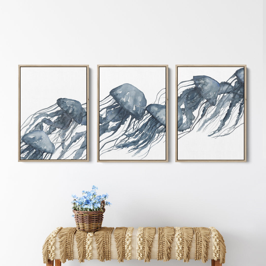 Watercolor Blue Jellyfish Triptych - Set of 3 - Jetty Home