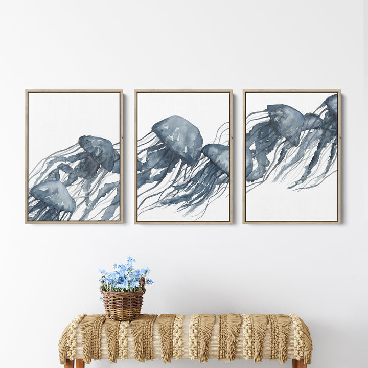 Watercolor Blue Jellyfish Triptych - Set of 3 - Jetty Home
