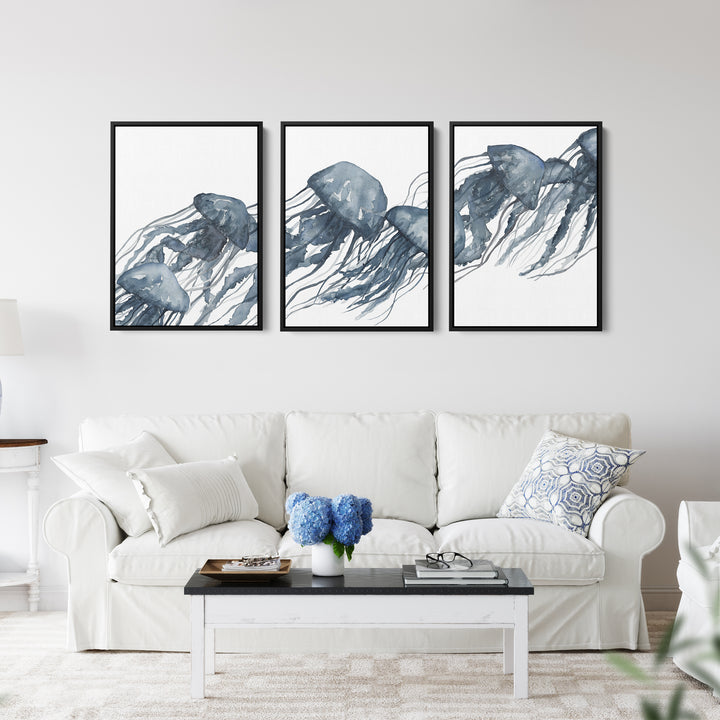 Watercolor Blue Jellyfish Triptych - Set of 3 - Jetty Home