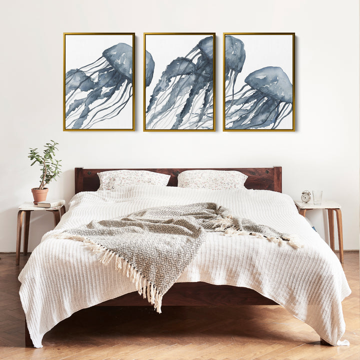 Blue Jellyfish Painting Triptych - Set of 3 - Jetty Home