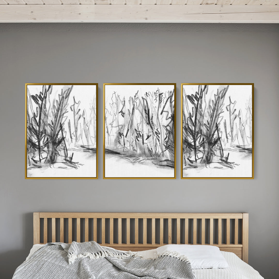 Woods Forest Black and White Sketch - Set of 3