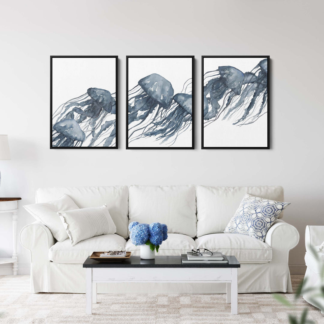 Watercolor Blue Jellyfish Triptych - Set of 3