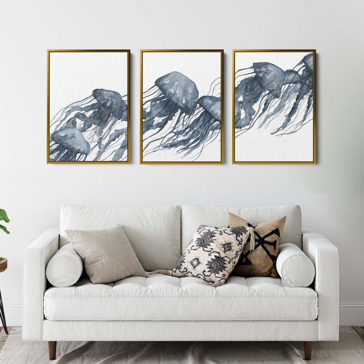 Watercolor Blue Jellyfish Triptych - Set of 3