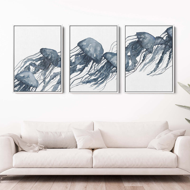 Watercolor Blue Jellyfish Triptych - Set of 3