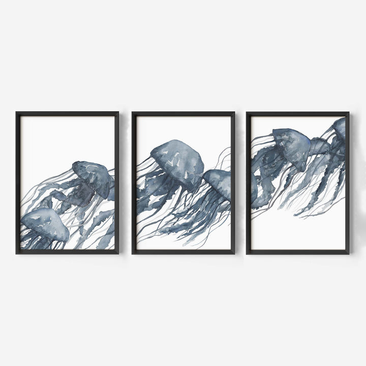 Watercolor Blue Jellyfish Triptych - Set of 3