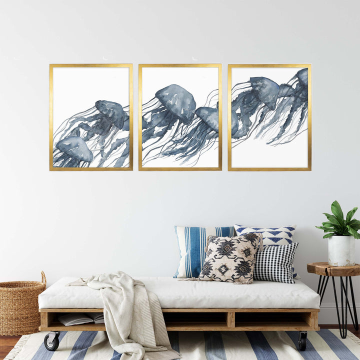 Watercolor Blue Jellyfish Triptych - Set of 3