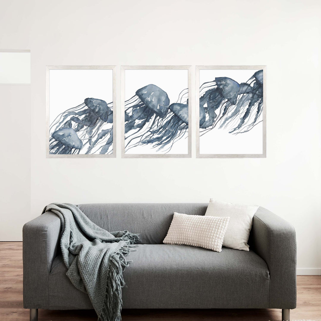 Watercolor Blue Jellyfish Triptych - Set of 3