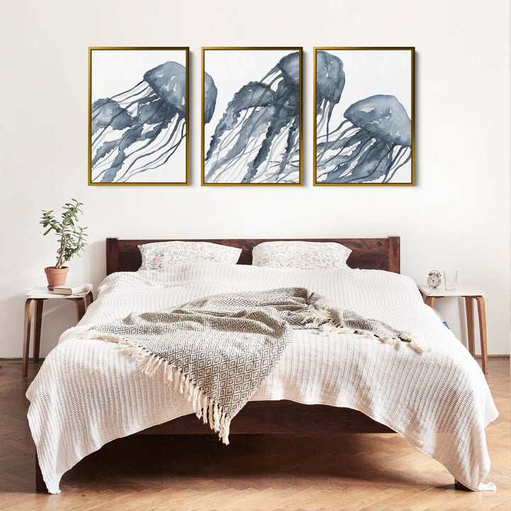 Blue Jellyfish Painting Triptych - Set of 3