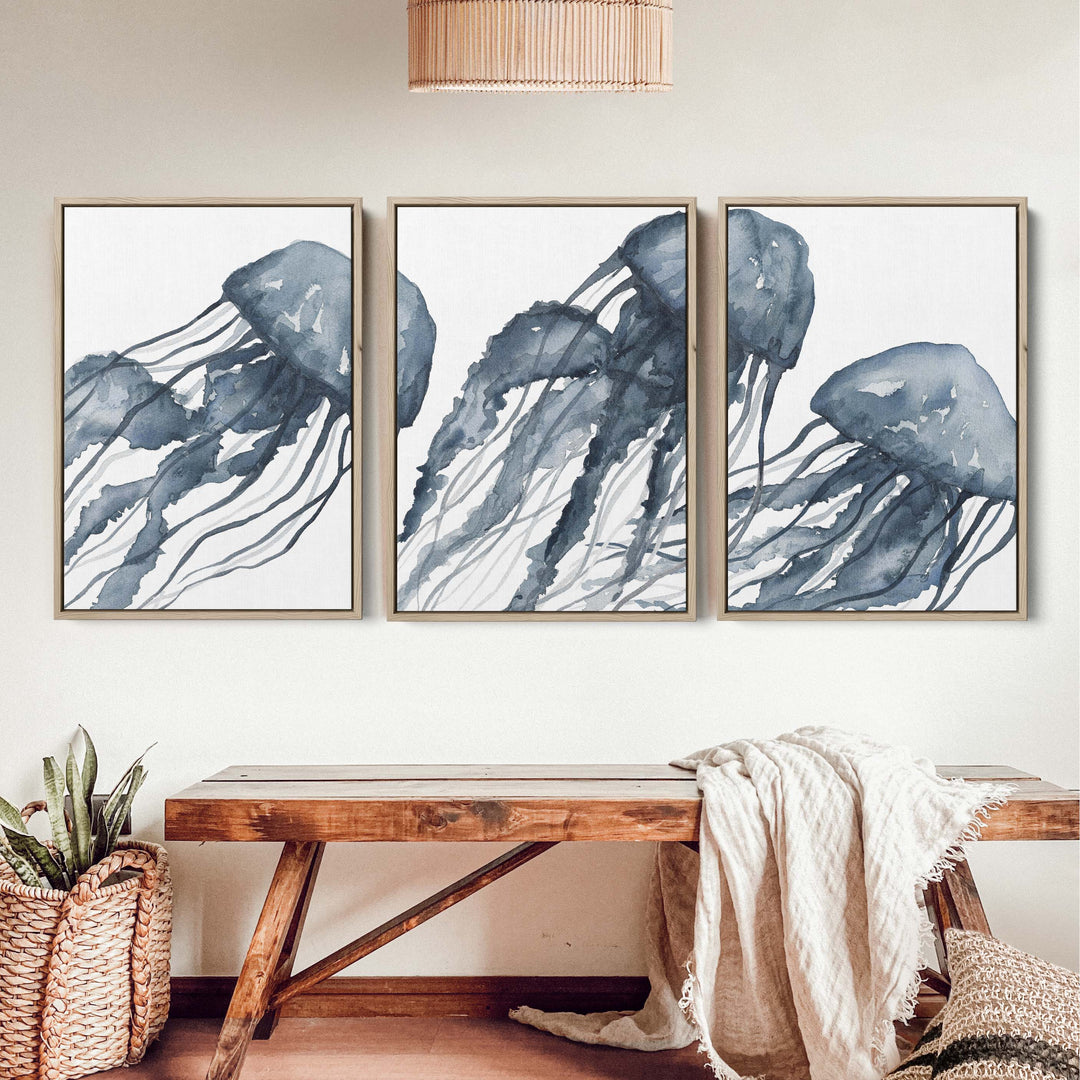 Blue Jellyfish Painting Triptych - Set of 3