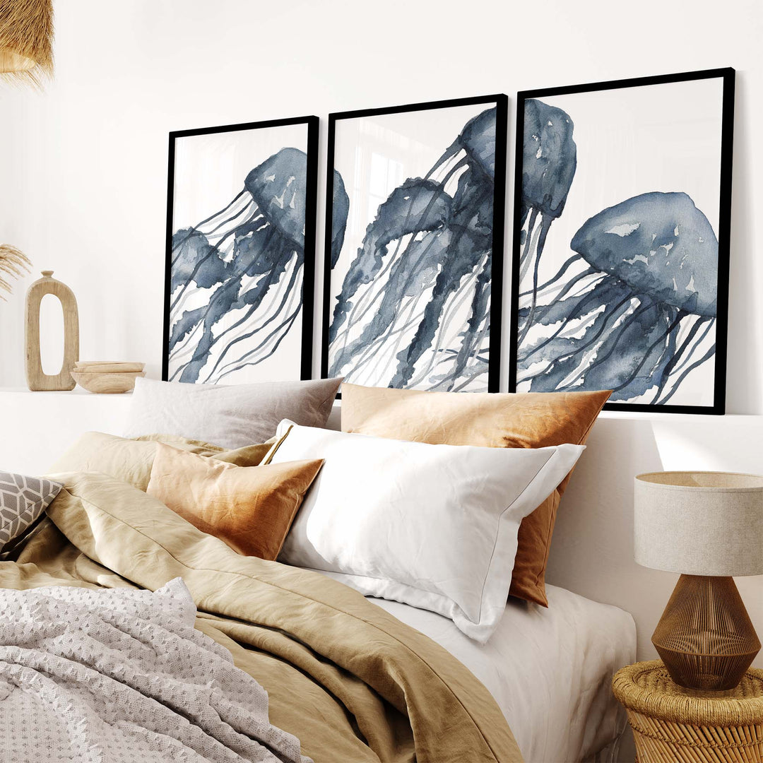 Blue Jellyfish Painting Triptych - Set of 3