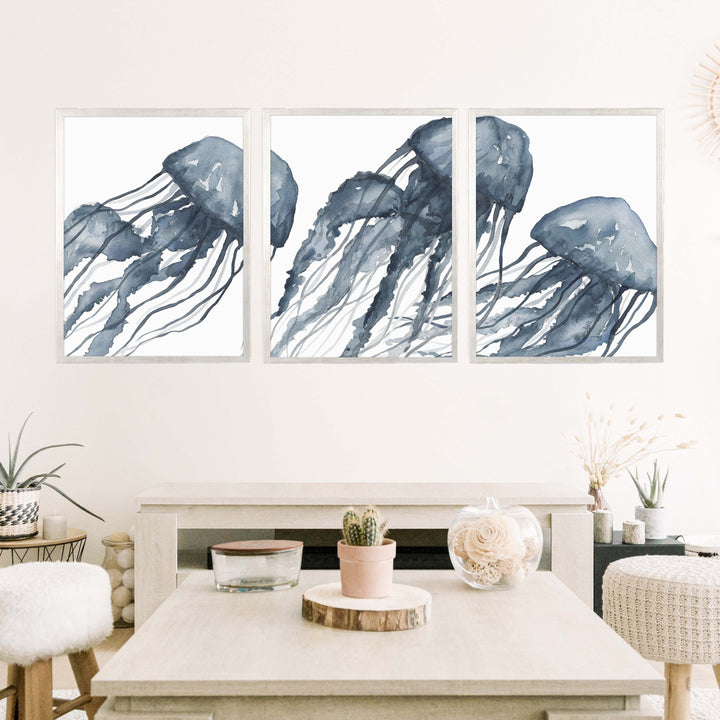 Blue Jellyfish Painting Triptych - Set of 3