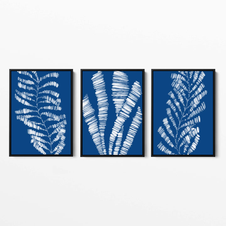 Deep Azure Blue Seaweed & Kelp Triptych - Set of 3