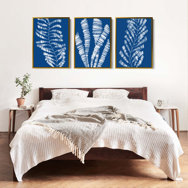 Deep Azure Blue Seaweed & Kelp Triptych - Set of 3