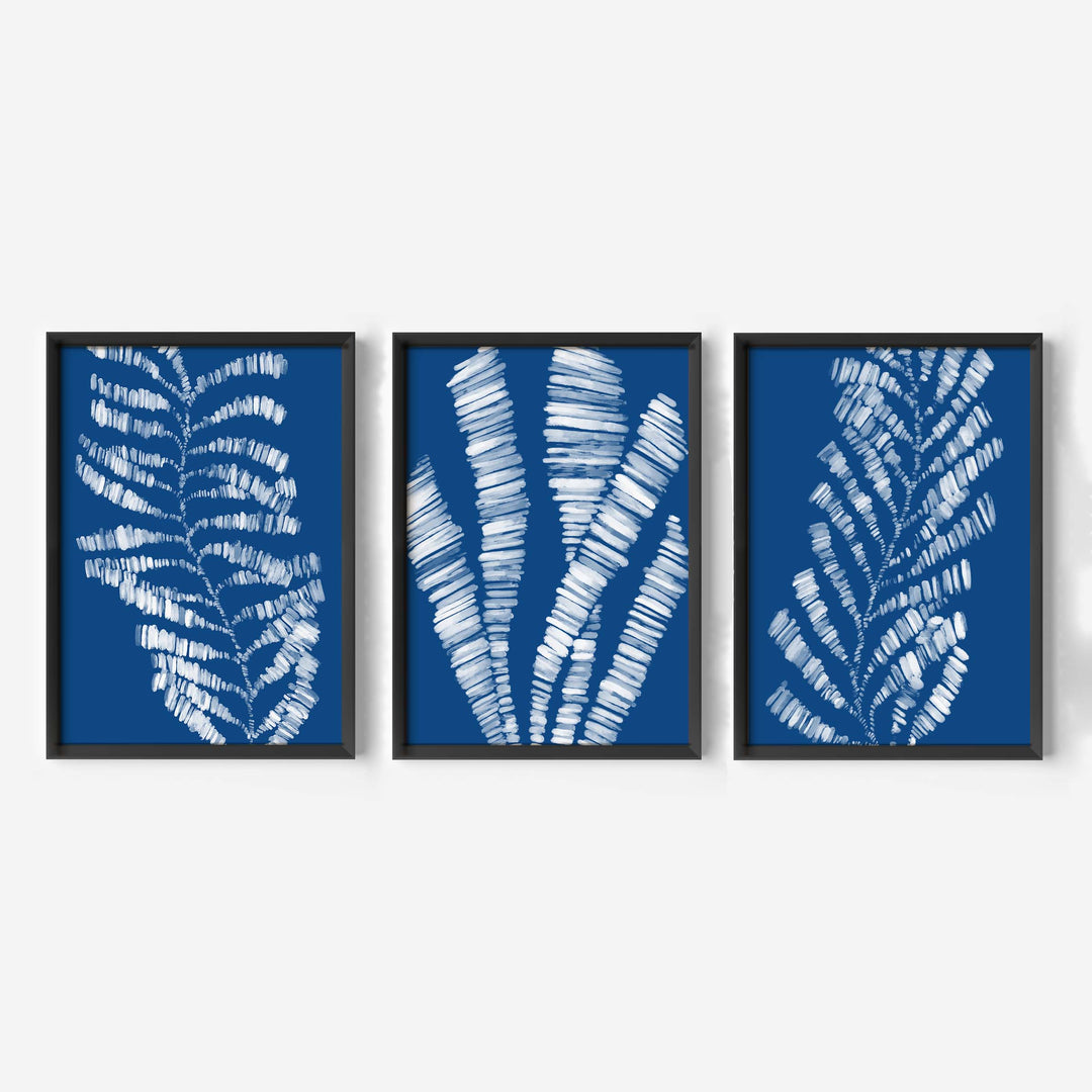 Deep Azure Blue Seaweed & Kelp Triptych - Set of 3