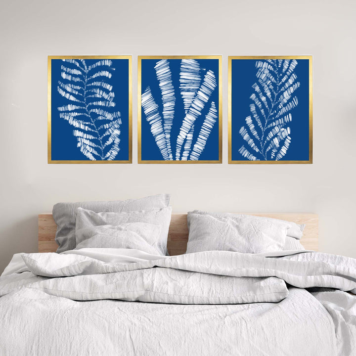 Deep Azure Blue Seaweed & Kelp Triptych - Set of 3