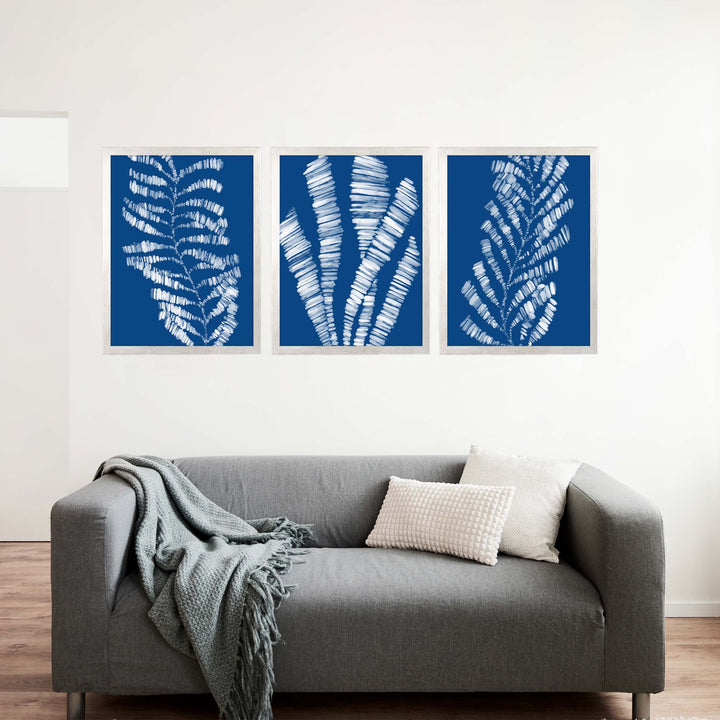 Deep Azure Blue Seaweed & Kelp Triptych - Set of 3