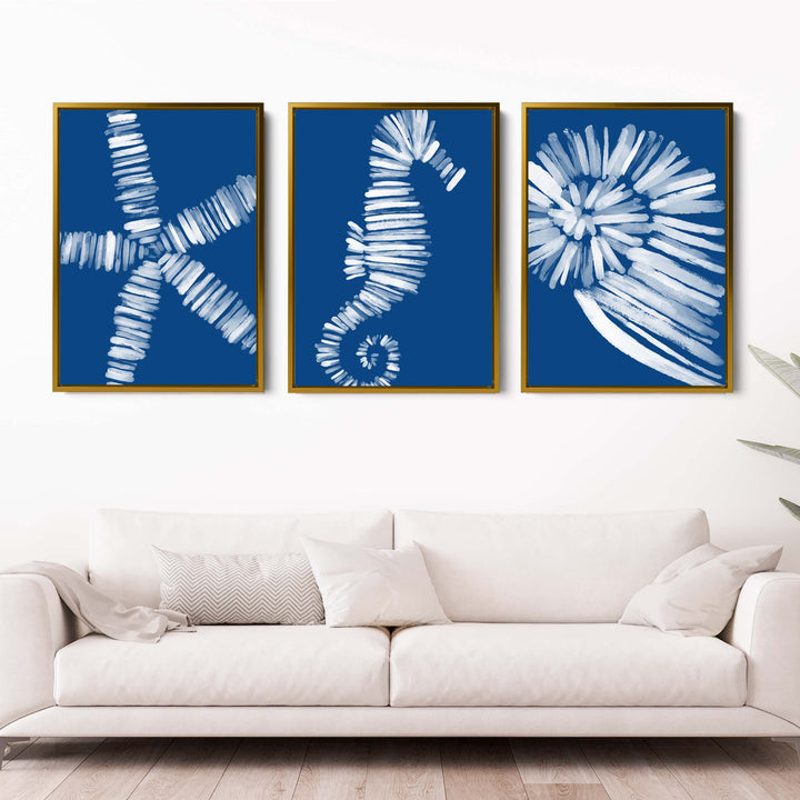 Deep Azure Blue Sea Life Triptych - Set of 3