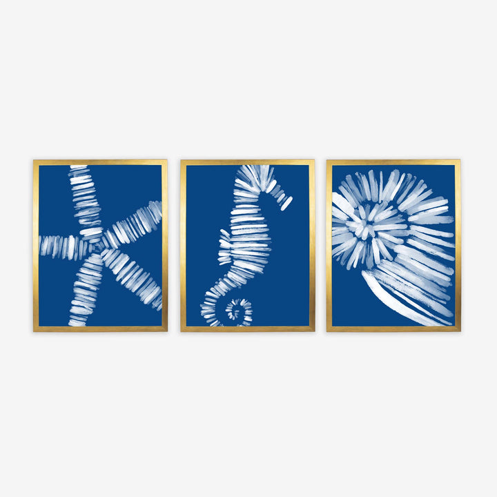 Deep Azure Blue Sea Life Triptych - Set of 3