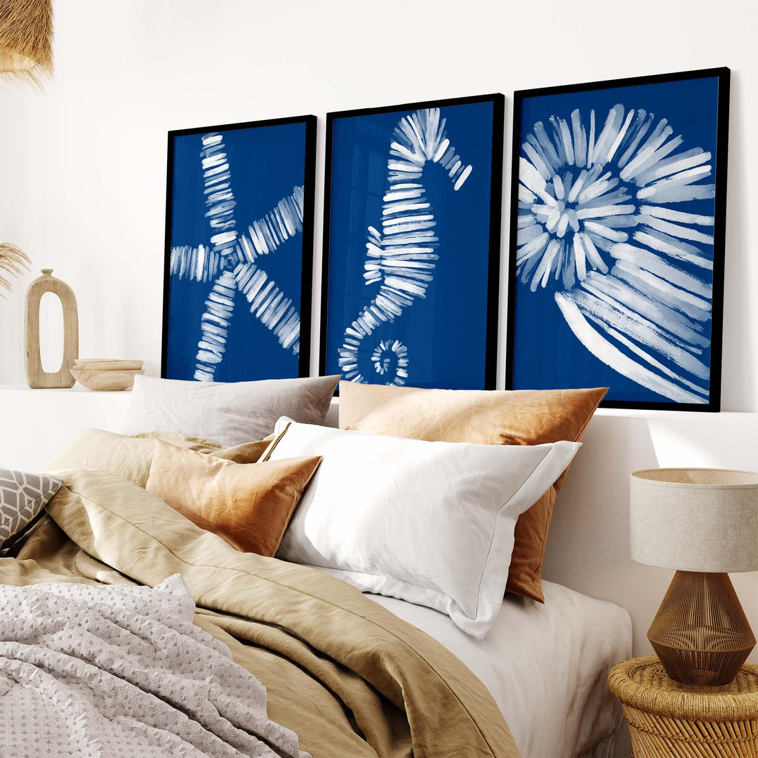 Deep Azure Blue Sea Life Triptych - Set of 3