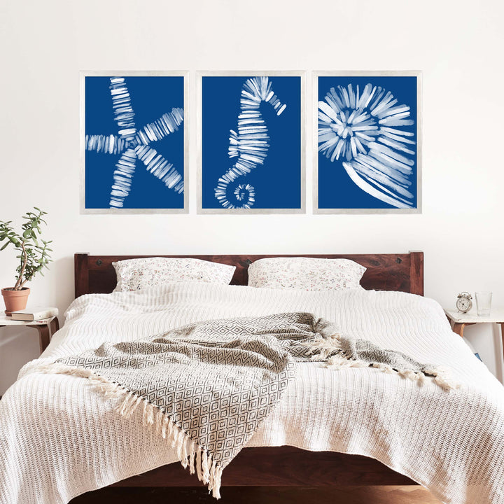 Deep Azure Blue Sea Life Triptych - Set of 3