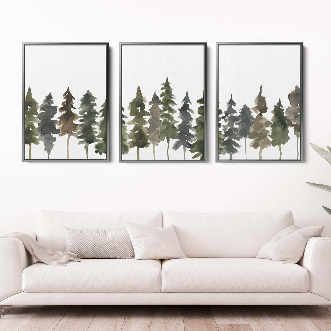 Pine Tree Line Watercolor - Set of 3