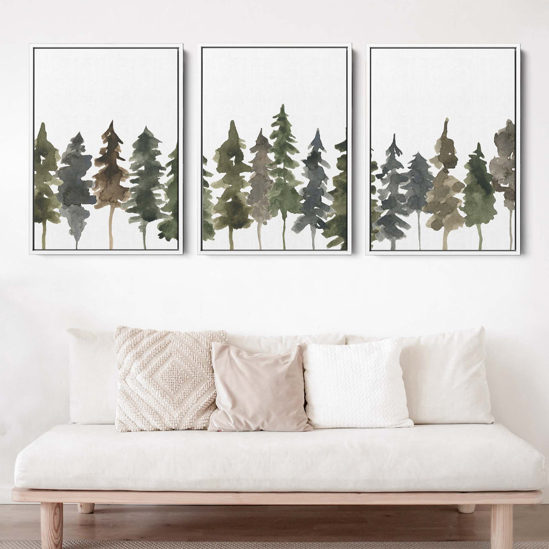 Pine Tree Line Watercolor - Set of 3